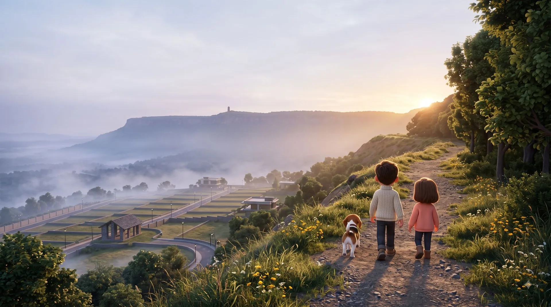 Artist's impression of the plotted hillside at dawn near Nandi Hills